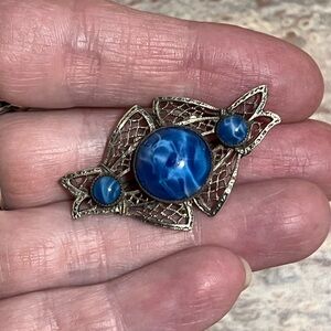 Art Deco Sterling Silver And Blue Satin Art Glass Cabochon Brooch/Pin